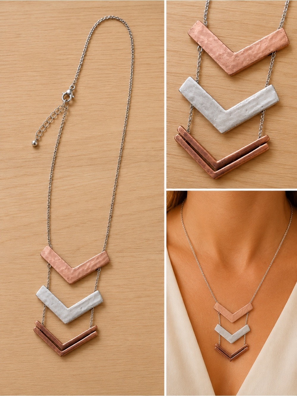 Triple Chevron Pendant Necklace in Rose Gold & Silver - Women's Jewelry